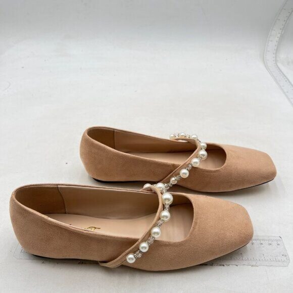FOWT Nude Square Toe Slip on Flats Pearl Studded Strap Elegant Wedding Pumps - Picture 4 of 8